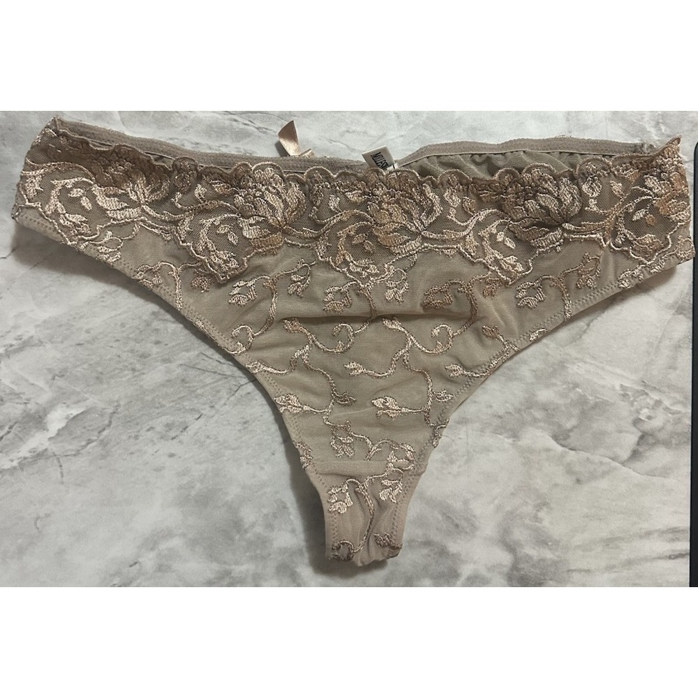 NWOT Millesia Mesh Embroidered Thong Size 2 -β Taupe Color - Floral